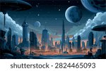 Futuristic Cityscape with Multiple Moons and Alien Sky Illustration