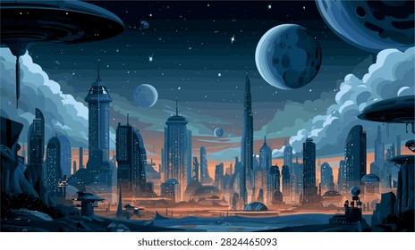 Futuristic Cityscape with Multiple Moons and Alien Sky Illustration