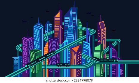 Futuristic cityscape with neon skyscrapers and elevated train tracks at night, vector illustration