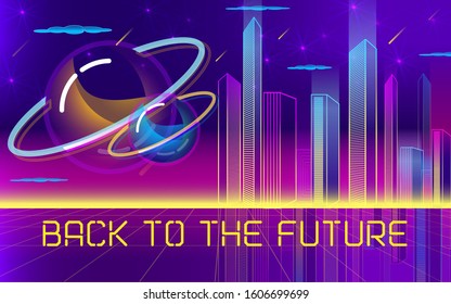 Futuristic cityscape. Retro background.Editable web template. Back to 90's concept.