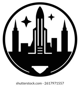 Futuristic Cityscape With Rocket And Stars In A Circular Black Emblem
