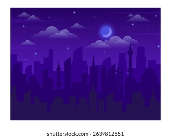 Futuristic cityscape silhouette with skyscrapers, mosques and modern buildings under cloudy night sky with shining crescent moon and stars, creating a magical and tranquil urban scene