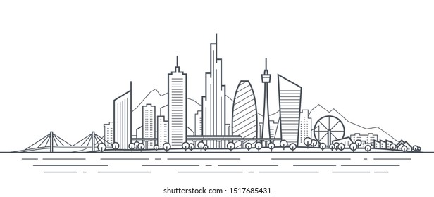 Futuristic cityscape thin line art illustration. Outline future city panorama. Abstract town landscape. Urban skyline with downtown skyscrapers, office buildings, park. Modern architectural exterior