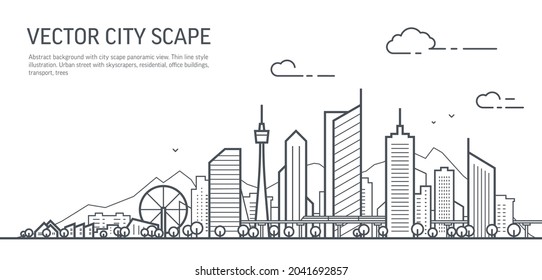 Futuristic cityscape thin line art illustration. Outline future city panorama. Abstract town landscape. Urban skyline with downtown skyscrapers, office buildings, park. Modern architectural exterior