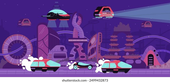 Paisaje urbano futurista. Ilustración vectorial de un paisaje nocturno con una arquitectura única y coches flotantes en estilo plano. Diseño urbano inusual del futuro.