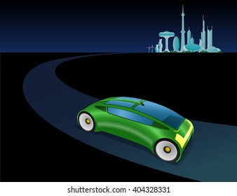 futuristic cityscape and vehicle on the curve road, vector illustration