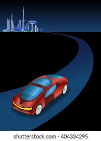 futuristic cityscape and vehicle on the curve road, vector illustration