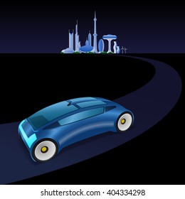 futuristic cityscape and vehicle on the curve road, vector illustration