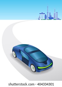 futuristic cityscape and vehicle on the curve road, vector illustration