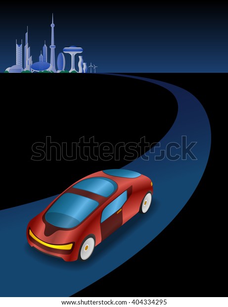 futuristic cityscape and vehicle on the\
curve road, vector\
illustration