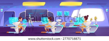 Futuristic classroom with kids and robot teacher. Cyborg with pointer giving lesson at digital blackboard, students sitting at desks with hologram monitors learning class. Cartoon vector illustration