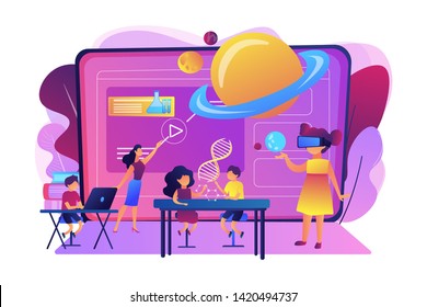 Futuristic Classroom, Little Children Study With High Tech Equipment. Smart Spaces At School, AI In Education, Learning Management System Concept. Bright Vibrant Violet Vector Isolated Illustration