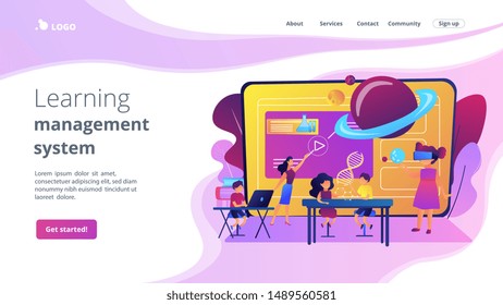 Futuristic Classroom, Little Children Study With High Tech Equipment. Smart Spaces At School, AI In Education, Learning Management System Concept. Website Homepage Landing Web Page Template.