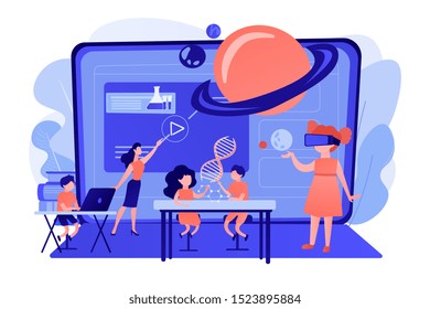 Futuristic classroom, little children study with high tech equipment. Smart spaces at school, AI in education, learning management system concept. Pinkish coral bluevector isolated illustration