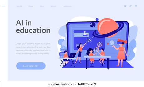 Un aula futurista, niños pequeños estudian con equipo de alta tecnología. Espacios inteligentes en la escuela, AI en educación, concepto de sistema de gestión del aprendizaje. Plantilla de página web de inicio del sitio web.