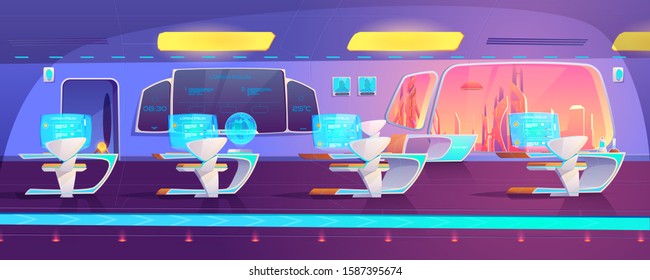 Futuristic classroom on space ship. Modern empty studying area on spaceship with digital blackboard, hologram monitors on desks, neon illumination and alien cityscape view. Cartoon vector illustration