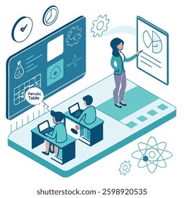 A futuristic classroom with students and a teacher interacting with a large holographic periodic table, mathematical equations, and physics formulas floating in the air