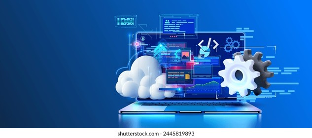 Futuristische Cloud Computing und Netzwerkschnittstelle auf Laptop-Bildschirm. Ein modernes Notebook mit einer dynamischen Cloud-Computing-Schnittstelle mit komplexen Netzwerkverbindungen und Zahnrädern. Vektorgrafik