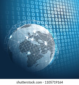 Futuristic Cloud Computing, Network Structure and Telecommunications Concept Design, Worldwide Connections with Earth Globe, Geometric Mesh and 3D Digital Binary Code Patterned Wall Background