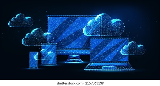 Futuristic cloud computing, technology concept with glowing computer, laptop, smartphone, tablet 