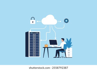 Futuristic cloud data center illustration, server racks, network cables, digital transformation, cloud technology, data security 