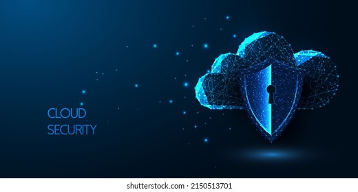 Futuristic cloud security concept with glowing low poly digital cloud storage and protective shield