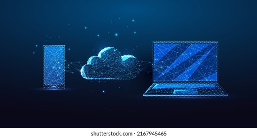 Futuristic cloud strorage concept with glowing low polygonal laptop, smartphone and cloud on blue 