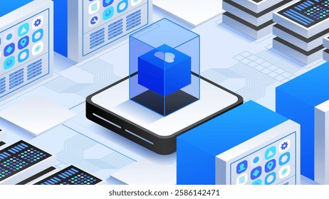 Futuristic cloud technology with integrated servers, data nodes, and virtual networks. Perfect for advanced computing, digital storage, and scalable IT infrastructure systems. Vector illustration