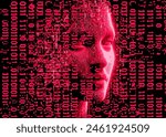 Futuristic collage of a 3D human head and digits on a dark background in pixel art style in red vivid color palette. Conceptual vector illustration of virtual and augmented reality.