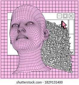 Futuristic collage with low poly 3D head, human face structure made of grid and HUD elements. Biometrics, Facial Recognition and Cyber Security concept.