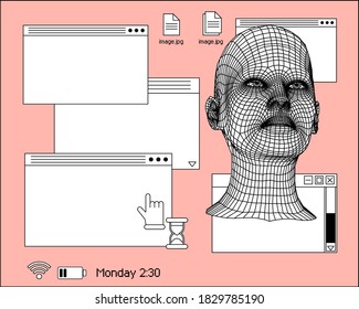 Futuristic collage with low poly 3D head, human face structure made of grid and HUD elements. Biometrics, Facial Recognition and Cyber Security concept.