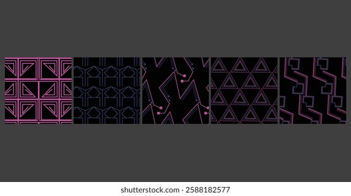 A futuristic collection of 5 seamless sci-fi grid patterns, perfect for gaming graphics, tech branding, and digital applications.