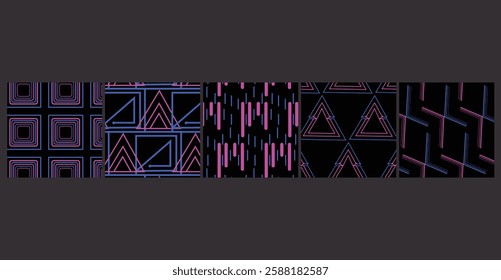 A futuristic collection of 5 seamless sci-fi grid patterns, perfect for gaming graphics, tech branding, and digital applications.