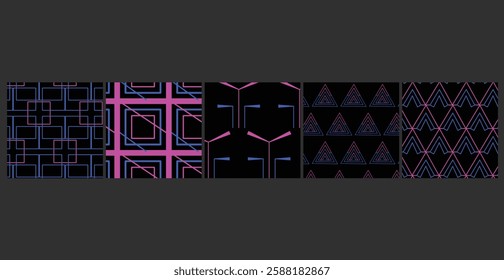 A futuristic collection of 5 seamless sci-fi grid patterns, perfect for gaming graphics, tech branding, and digital applications.