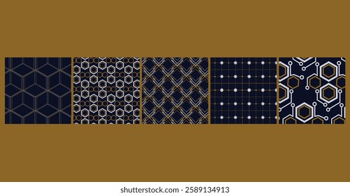 A futuristic collection of 5 seamless sci-fi grid patterns, perfect for gaming graphics, tech branding, and digital applications.