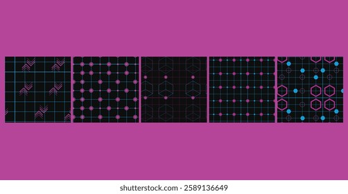 A futuristic collection of 5 seamless sci-fi grid patterns, perfect for gaming graphics, tech branding, and digital applications.