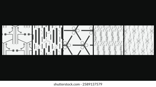 A futuristic collection of 5 seamless sci-fi grid patterns, perfect for gaming graphics, tech branding, and digital applications.