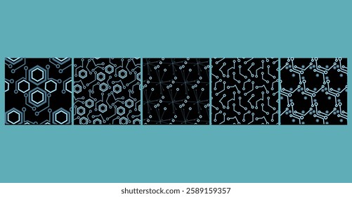 A futuristic collection of 5 seamless sci-fi grid patterns, perfect for gaming graphics, tech branding, and digital applications.