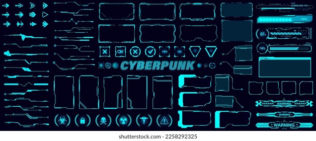 Futuristic collection HUD, UI, UX interface elements. HUD interface elements - frame screen, lines UI, button, loading bars, footnotes for text, call outs for UI, GUI. Vector collection, Sci-fi box