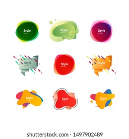 Futuristic colorful abstract elements set. Gradient polygon and blob shapes with sample text. Trendy minimal templates for presentations, banners, posters and flyers. Vector illustration