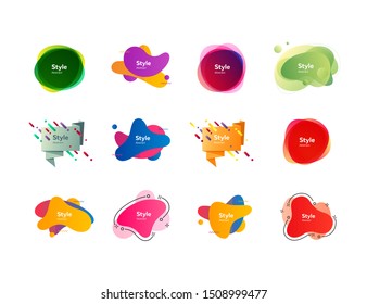 Futuristic colorful abstract elements set. Gradient polygon and blob shapes with sample text. Trendy minimal templates for presentations, banners, posters and flyers. Vector illustration