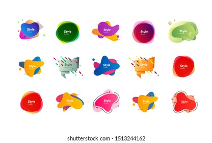 Futuristic colorful abstract elements set. Gradient polygon and blob shapes with sample text. Trendy minimal templates for presentations, banners, posters and flyers. Vector illustration