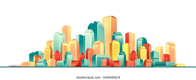 Futuristic colorful city, panoramic view of skyscrapers and high-rise buildings on a white background, vector illustration, cityscape isolated
