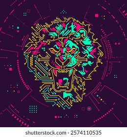 futuristic colorful lion head, shape of lion head combined with electronic board presented in cyberpunk style, concept of powerful technology 