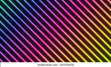 Futuristic colorful neon rays. Bright vector 16:9 size abstract background.