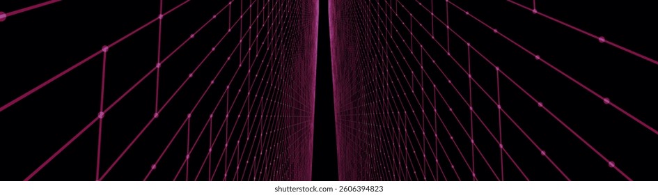 Futuristic colorful perspective grid. Abstract wireframe with purple grid on dark background. Virtual landscape in digital style of 80s 90s. Simple perspective grid for design. 3D vector illustration.