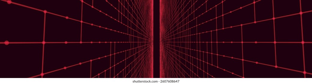 Futuristic colorful perspective grid. Abstract wireframe with red grid on dark background. Virtual landscape in digital style of 80s 90s. Simple perspective grid for design. 3D vector illustration.