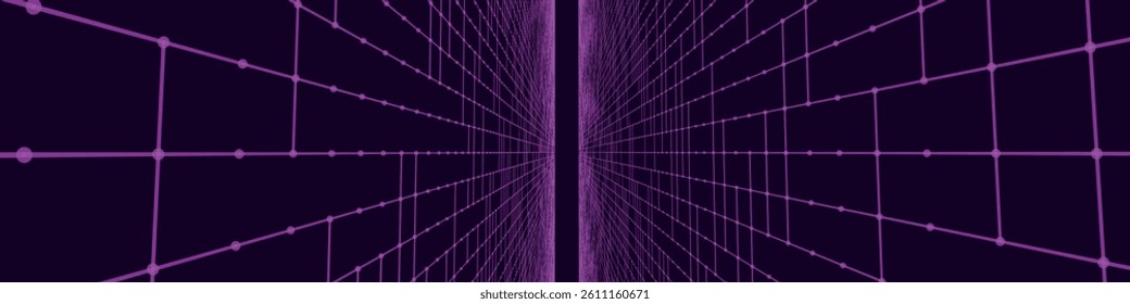 Futuristic colorful perspective grid. Abstract wireframe with purple grid on dark background. Virtual landscape in digital style of 80s 90s. Simple perspective grid for design. 3D vector illustration.