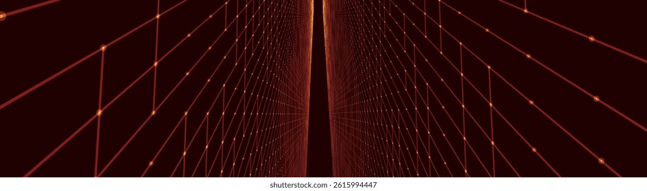 Futuristic colorful perspective grid. Abstract wireframe with red grid on dark background. Virtual landscape in digital style of 80s 90s. Simple perspective grid for design. 3D vector illustration.
