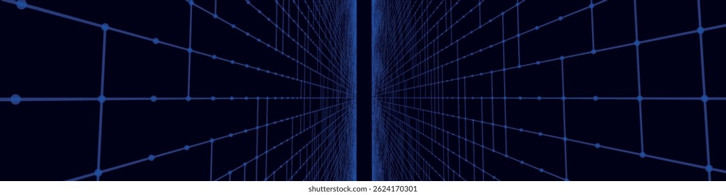 Futuristic colorful perspective grid. Abstract wireframe with blue grid on black background. Virtual landscape in digital style of 80s 90s. Simple perspective grid for design. 3D vector illustration.